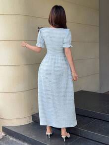Feyla Women's Elegant Light Blue V Neck Short Dress With Puffed Sleeves And Button Detail - Baby Blue - View 3