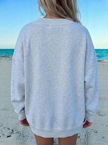 SHEIN EZwear 美国国旗印花超大V领宽松休闲女式卫衣，适合日常通勤、约会、派对、秋冬夏、圣诞节、新年、感恩节、婚礼、海滩、毕业典礼、时尚、优雅、休闲、外出、约会、通勤、闪亮、情人节、优雅、度假、休闲、Y2K、外出、毕业典礼等场合。 - 灰色 - 查看 2
