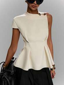 LYSMO Women's Elegant Casual Metal Buckle Waist Pleated Top Office Business Off-White Summer - Beige - View 5