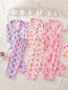 SHEIN 女童舒适卡通图案长袖上衣和裤子睡衣套装 - 彩色 - 查看 4