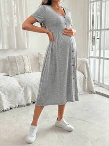 Cheriluna Maternity 女款優雅V領短袖A字版扣飾孕婦洋裝，夏季 - 灰色 - 查看 3