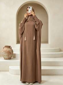 Al Najma Solid Color Loose Hooded Jilbab Abaya - Khaki - View 4