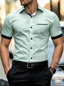 Manfinity Bizformal Men's Summer Casual Vacation Daily Work Commute Contrast Trim Short Sleeve Formal Shirt, Ceremony - Green - View 5