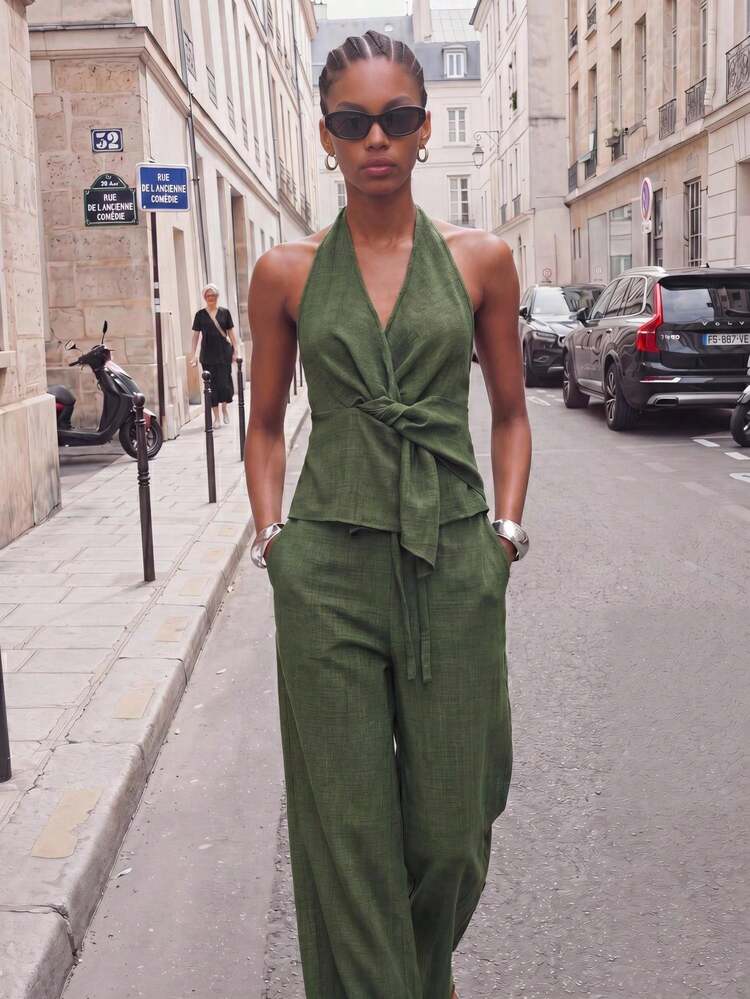 SHEIN Maija Olive Green 2 Pieces Set Women's Halter Wrap Top And Casual Elegant Pants With Pockets,Comfortable Summer Holiday Vacation Festival Beach Outfit