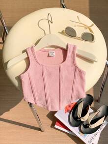SHEIN 2件套女童休闲纯色无袖方领针织背心，夏季 - 粉色 - 查看 3