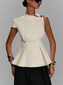 LYSMO Women's Elegant Casual Metal Buckle Waist Pleated Top Office Business Off-White Summer - Beige - View 6