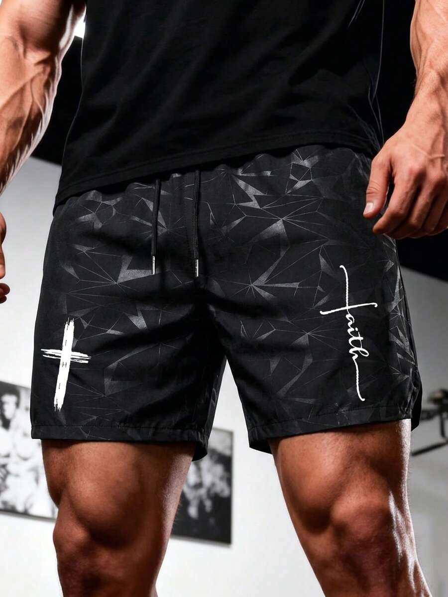 GymBeat Celana Pendek Olahraga Pria Musim Panas Motif Geometris Silang & Huruf dengan Tali Serut di Pinggang, untuk Gym, Liburan - MultiWarna - View 1