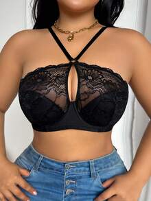 DesireSculpt Women's Plus Size Black Flower Lace Scallop Splice Hollow Demi Bra,Comfortable Soft Cup Anti-Sagging Minimizer Underwire Instantlift Support Bra - Black - View 6