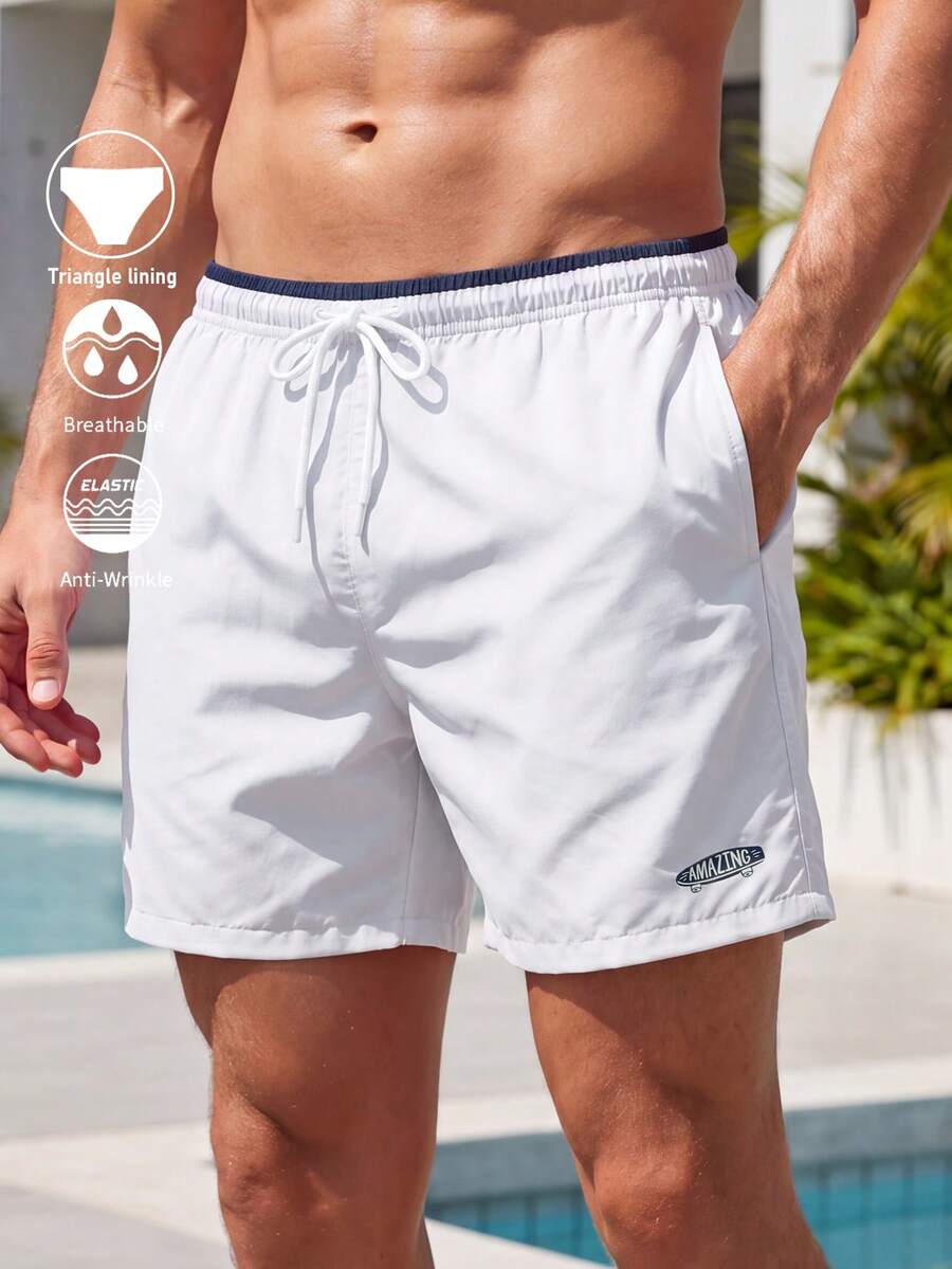 CoralVoy Men's Contrast Color Elastic Waist Drawstring Casual Beach Shorts/Swimwear, Holiday - White - View 1