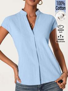 SHEIN BASICS Women's Solid Color V-Neck Cap Sleeve Casual Shirt - Black - View 3
