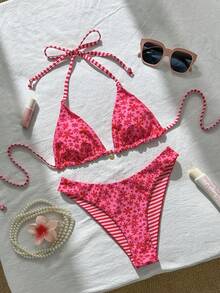 Swim Mod Women's Sweet Pink Floral Print Reversible Halter Bikini Set - Multicolor - View 3