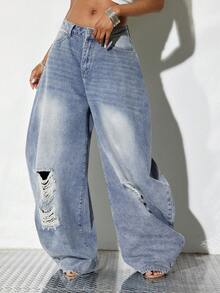 Denimoi Women's Pocket Button Fashionable Versatile Distressed Ripped Loose Wide-Leg Denim Jeans, Oversized Casual Grunge Streetwear Back-To-School Aqua Blue - Light Wash - View 1