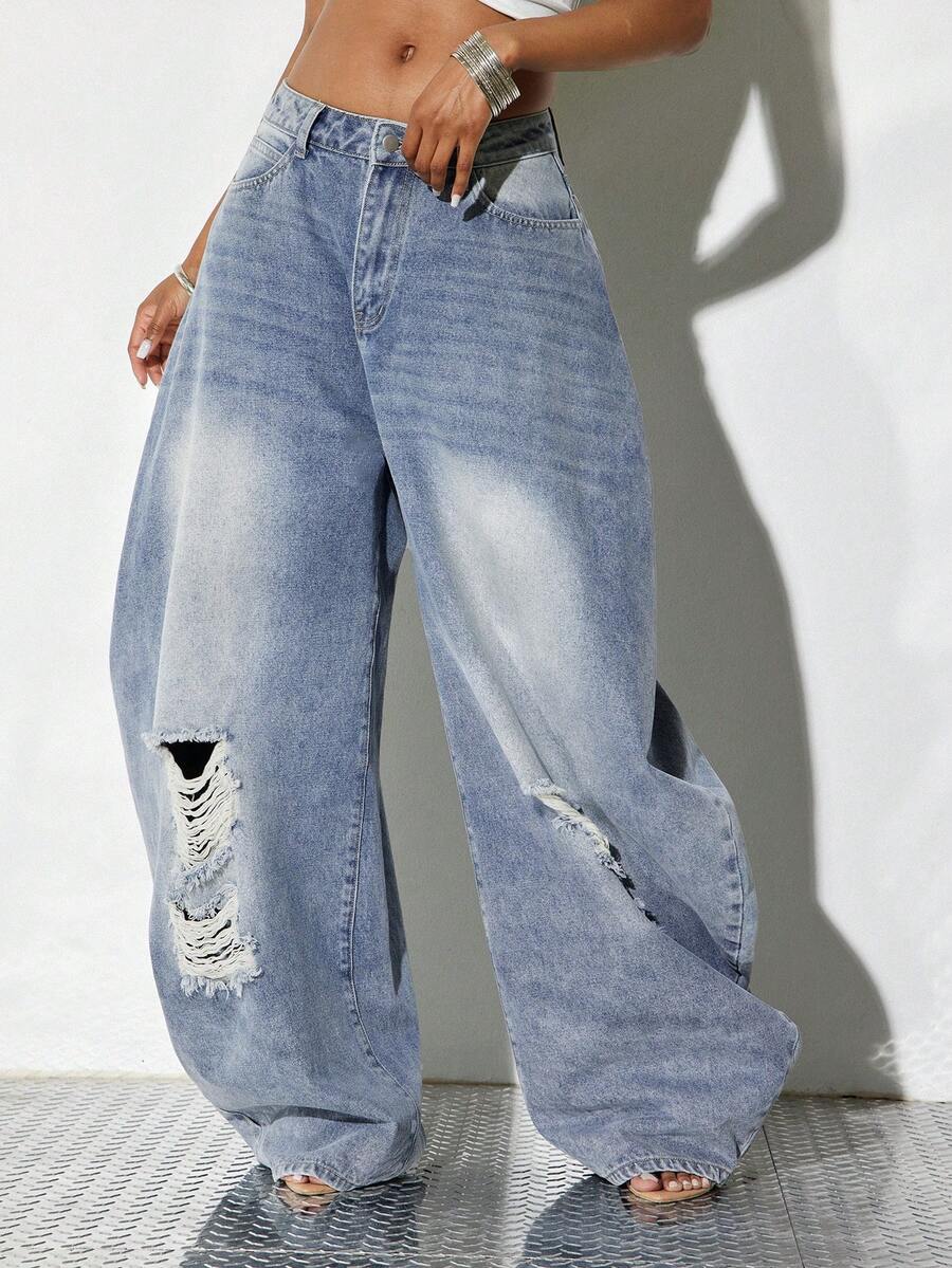 Denimoi Women's Pocket Button Fashionable Versatile Distressed Ripped Loose Wide-Leg Denim Jeans, Oversized Casual Grunge Streetwear Back-To-School Aqua Blue - Light Wash - View 1