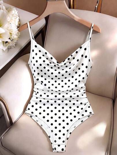 GlowEve Body femme imprimé pois, body élégant à la mode printemps/été pour femme, body femme col drapé sans manches, convient pour le port quotidien, les sorties et les fêtes