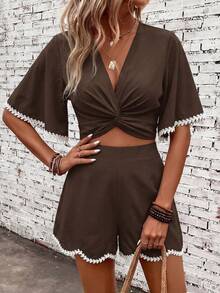 SHEIN Clasi Women's Colorblock Ruffle Trim Elegant Vacation Shorts Set - Coffee Brown - View 4