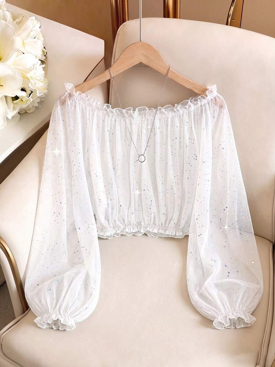 GlowEve Áo croptop nữ thời trang đính sequin và in họa tiết kim loại, kiểu dáng trễ vai, tay phồng, phong cách thường ngày. - trắng - Xem 1