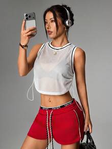Dewbera Dewbera 女士网眼条纹撞色抽绳短款运动背心 - 白色 - 查看 3