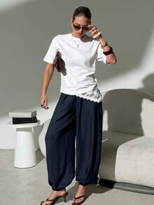 Lavishia Women's Casual Balloon Pants, Comfortable & Versatile Coffee Color Long Pants, Spring/Summer - Navy Blue - View 6