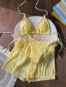 Swim Vcay 3pcs/Set Bohemian Style Crochet Fabric Drawstring Swimwear Cover Up Bikini Set - Yellow - View 1