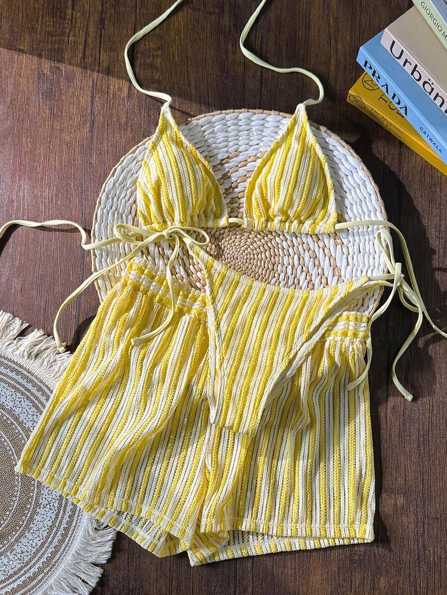 Swim Vcay 3pcs/Set Bohemian Style Crochet Fabric Drawstring Swimwear Cover Up Bikini Set - Yellow - View 1