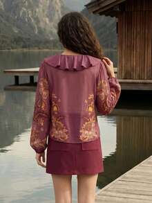 CAJUNI Áo kiểu có bèo nhún và tay phồng, họa tiết hoa phong cách Boho Chic. - Bụi hồng - Xem 2