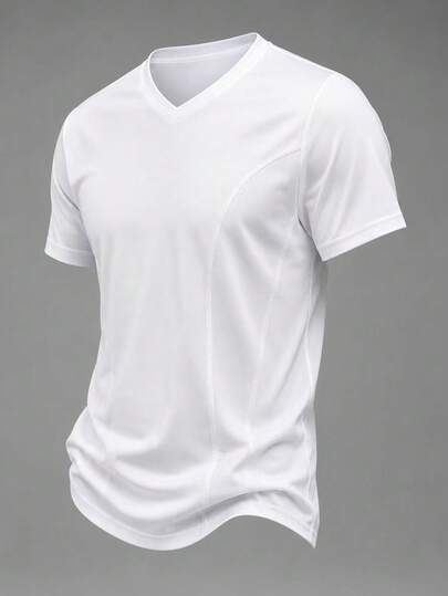 Manfinity Homme 男士V领短袖T恤，休闲夏季服饰，弹力针织面料，拼接设计，成熟休闲风格