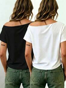 Rovax New Arrival Summer Fitted Cropped Oblique Shoulder Short Sleeve T-Shirt - Multicolor - View 2