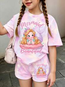 1套少女休閒舒適時尚甜美可愛Y2K風格粉紫色紮染印花「Beautiful」圖案圓領短袖T恤與緊身短褲套裝，春夏穿搭，適合外出、居家、學校、運動，清爽夏季穿著 - 彩色 - 查看 3