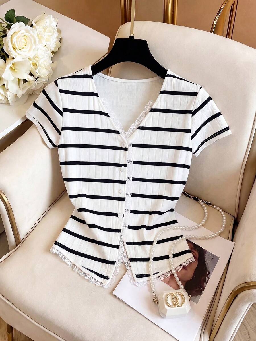 Qadelle Áo khoác cardigan ren kẻ sọc đen kiểu dáng thường ngày bán chạy nhất mới - Nhiều màu - Xem 1