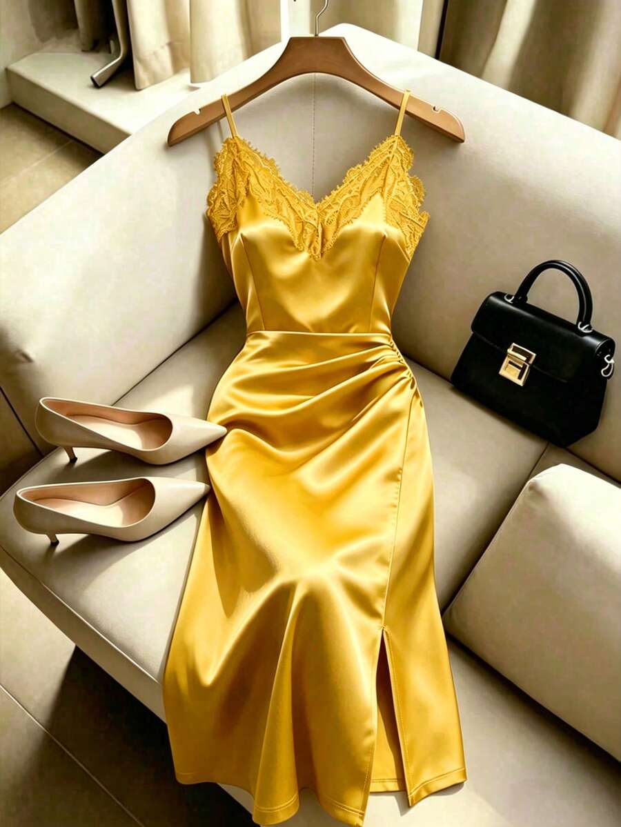 Franclia Đầm nữ mùa hè dáng lửng cổ chữ V không tay, phối màu hoa văn, dáng chữ A, thắt eo, xẻ tà bên trái, chất liệu vải jersey dệt kim, kiểu dáng ôm sát, thời trang và gợi cảm, thích hợp mặc hàng ngày. - Màu vàng - Xem 1