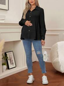 SHEIN 純色長袖荷葉邊休閒孕婦上衣 - 黑色 - 查看 6