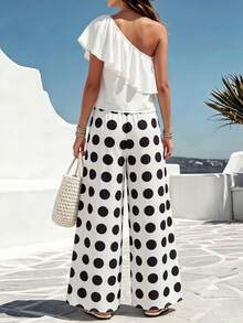SHEIN LUNE Women's Vacation Style Ruffle Collar Polka Dot Wide Leg Pants Set - White - View 2