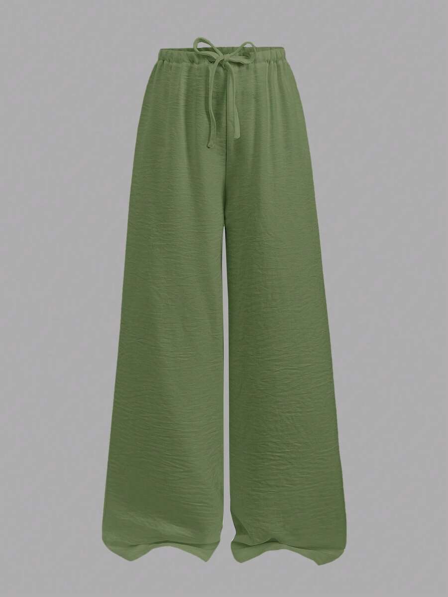 SHEIN Tween Girl Daily Wear Casual Basic Elastic Waistband Wide Leg Pants, Back To School - Olive Green - View 1