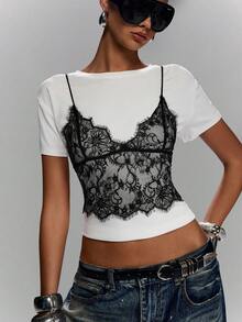 LYSMO Women's Solid Color Spaghetti Strap Lace Sexy Fitted Cropped Camisole - Black - View 4