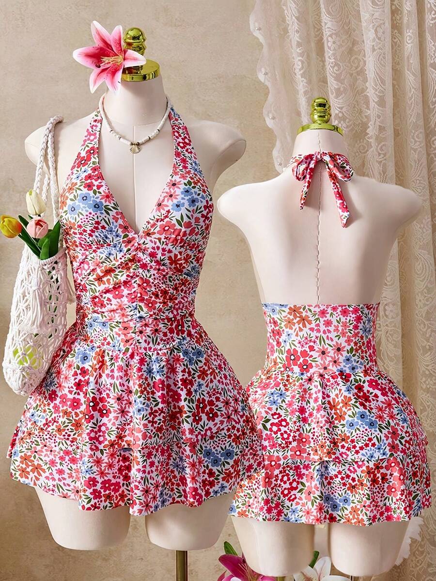Bellisia Women's One-Piece Floral Random Print Cute Sweet Summer Beach Vacation Sexy Fashion Halter Ruched Swimdress - Multicolor - View 1