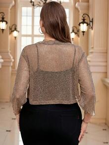 Reflora Plus Size Women's Carnival Costume Metallic Shiny See-Through Short Jacket, Autumn Fall - Khaki - View 2