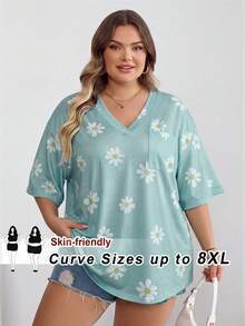 SHEIN CURVE+ 大码曲线/校园服/返校服/返校季大号条纹休闲简约大码T恤，适合夏季穿着，带口袋 - 藍色 - 查看 1