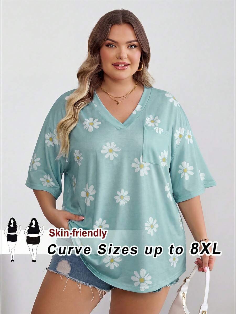 SHEIN CURVE+ 大码曲线/校园服/返校服/返校季大号条纹休闲简约大码T恤,适合夏季穿着,带口袋 - 藍色 - 查看 1