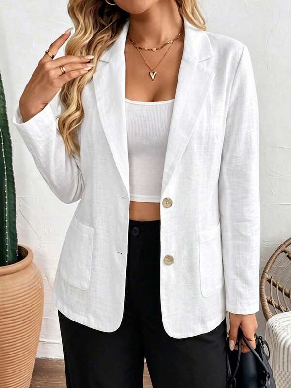 EMERY ROSE Áo blazer cổ ve lật tối giản màu trơn dành cho nữ cỡ lớn, thích hợp mặc hàng ngày đi làm công sở vào mùa xuân/thu.