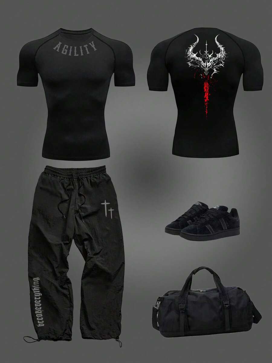 Gym Rark Conjunto deportivo de camiseta de manga raglán con estampado de letras y pantalones, transpirable para verano, adecuado para el gimnasio - Negro - Ver 1
