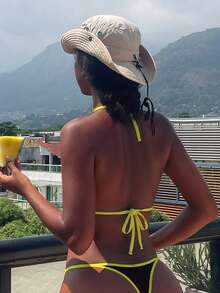 Costavie 女款夏季海灘度假拼接掛脖綁帶比基尼與三角泳褲泳衣套裝 假日棕色 - 棕色 - 查看 2