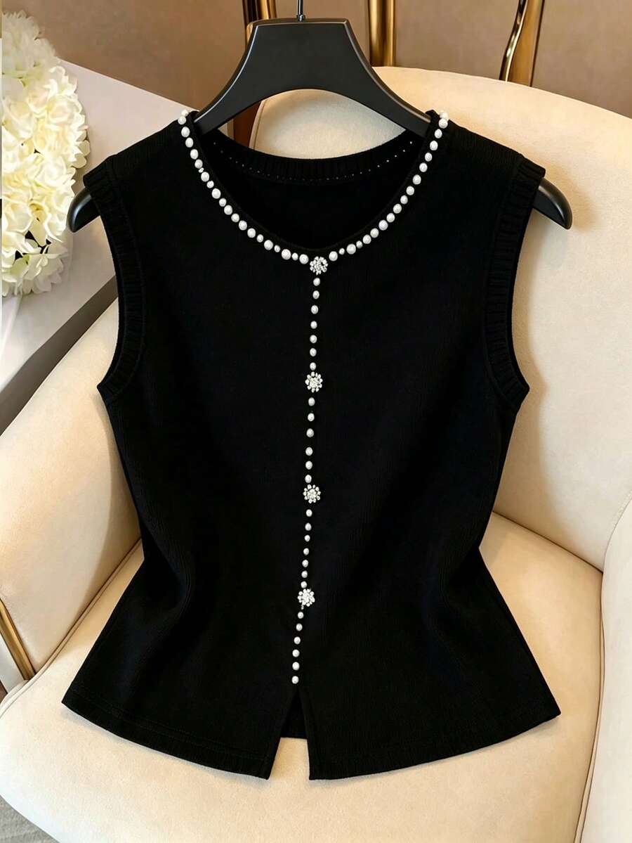 GlowEve 2025 Herbst/Winter Neue Stilvolle Bubble Bead Dekor Ärmellose Strick Top - Schwarz - Übersicht 1