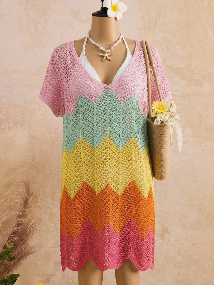 SHEIN 少女彩虹钩针编织罩衫连衣裙,镂空下摆,适合夏季海滩度假(不含泳衣) - 粉色 - 查看 1