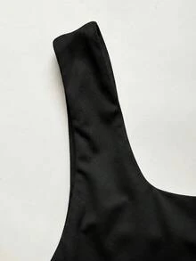 SHEIN Kamisol Rajut Hitam Elastis Tinggi untuk Remaja Perempuan, Kerah Persegi, Pinggang Berkerut, Pas Badan, Serbaguna - Hitam - View 5
