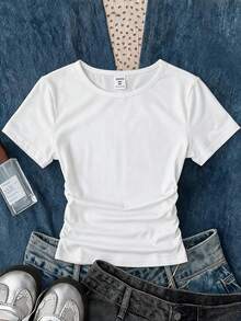 3pcs/Set Tween Girls' Casual Versatile White, Cream Striped, Black Polka Dot Round Neck Ruched Fitted Short Sleeve T-Shirts, Suitable For Daily Wear - Multicolor - View 6