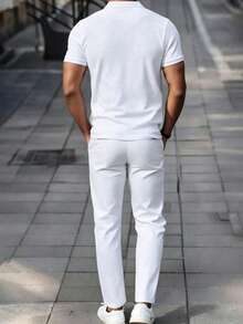 Manfinity Homme A123 Half-Zip Solid Color Summer Short Sleeve Polo Shirt And Slant Pocket Casual Pants Set - White - View 2