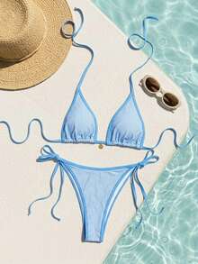 Swim Mod Women's New Solid Color Triangle Cup Bikini Set, Sexy Tie-Up Contrast Color Swimwear 2 Pieces - Blue - View 3