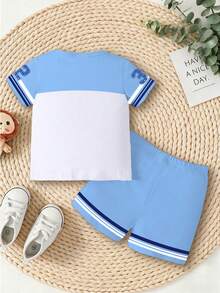 2pcs/Set Baby Boy Street Casual Sports Logo & Number 32 Print Contrast Color Short Sleeve Top & Shorts Set, Suitable For Outdoor Wear In Summer - Multicolor - View 2