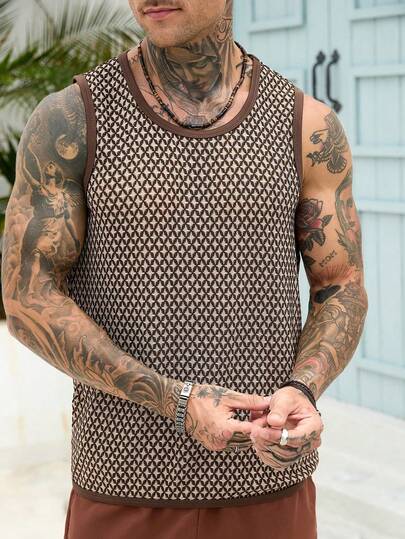 Manfinity CasualCool Áo tank top nam dệt kim jacquard màu nâu, kiểu dáng nghỉ dưỡng, thích hợp cho mùa xuân/hè.