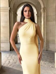 Firerie Elegant, Glamorous, And Stylish, This Goose-Yellow Knit Dress Features A Deep Backless Design, A Flowing Ribbon Neckline Party Wedding - Yellow - View 7
